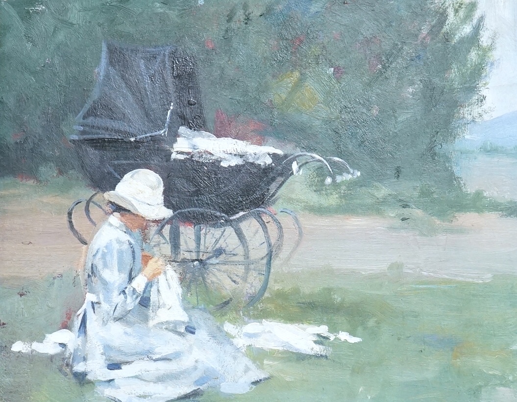 Early 20th century, French Impressionist, oil on board, Woman beside a pram, ornate framed, 20 x 25cm
